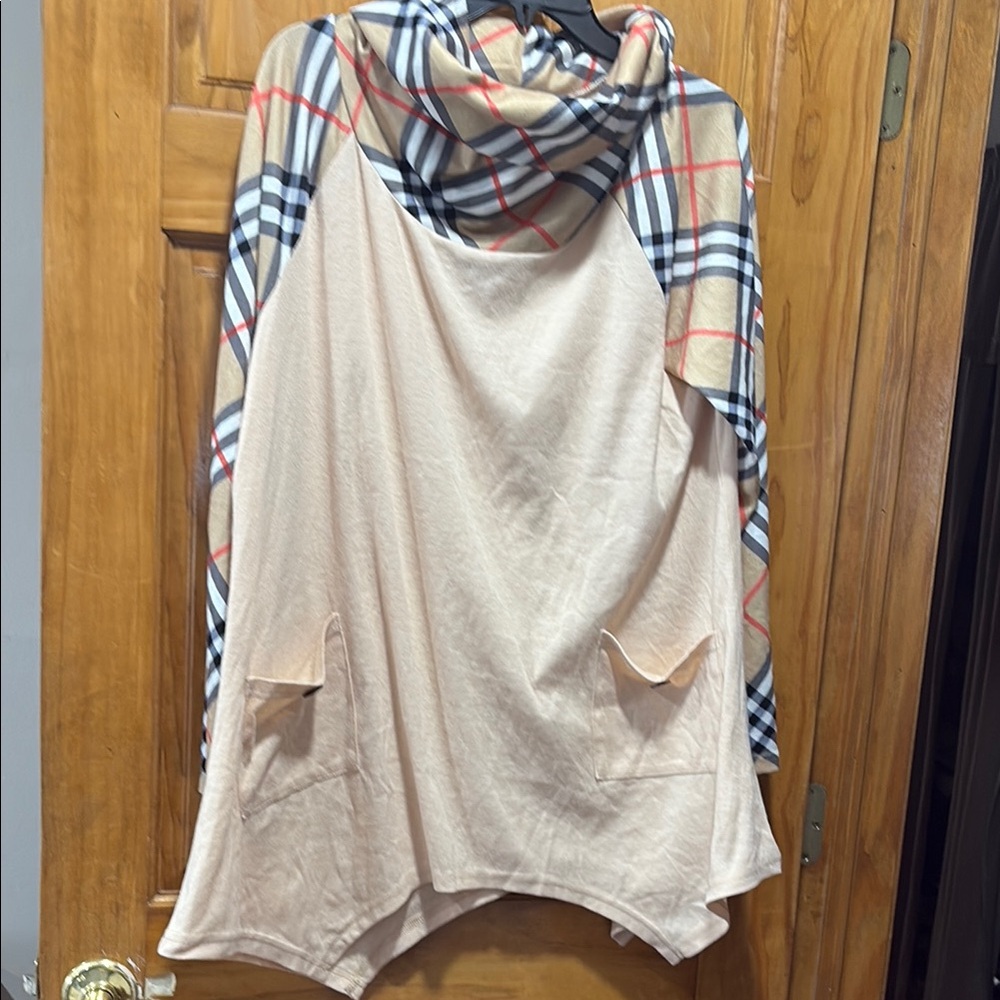 Plaid Hooded Poncho with Pockets